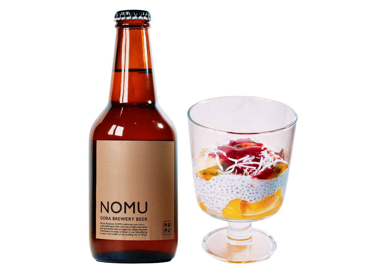 神谷町『Nicolai Bergmann NOMU azabudai』の「GORA BREWERY」のクラフトビールと「チアシードカップ」