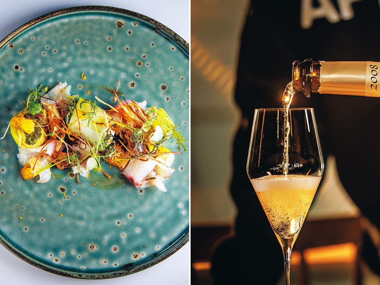 表参道『APÉRO AOYAMA Winebar & Table』の「ポロネギのプレゼ 柑橘とひらまさのマリネ」と「ジャン・ミシェル キュヴェ・スペシャル」