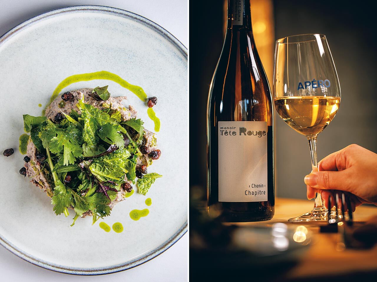 表参道『APÉRO AOYAMA Winebar & Table』の「黒豆のフムスハーブオイルとサラダ」と「マノワール・ド・ラ・テット・ルージュ シャピトル」