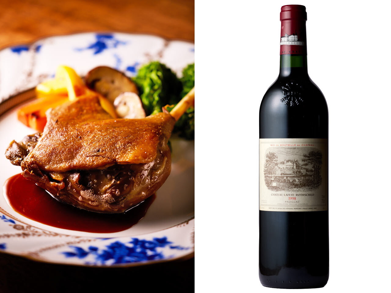 新橋『MIDAIR』の「北海道産スノーホワイトチェリーバレー鴨のコンフィ」と「シャトーラフィット ロートシルト 1998」